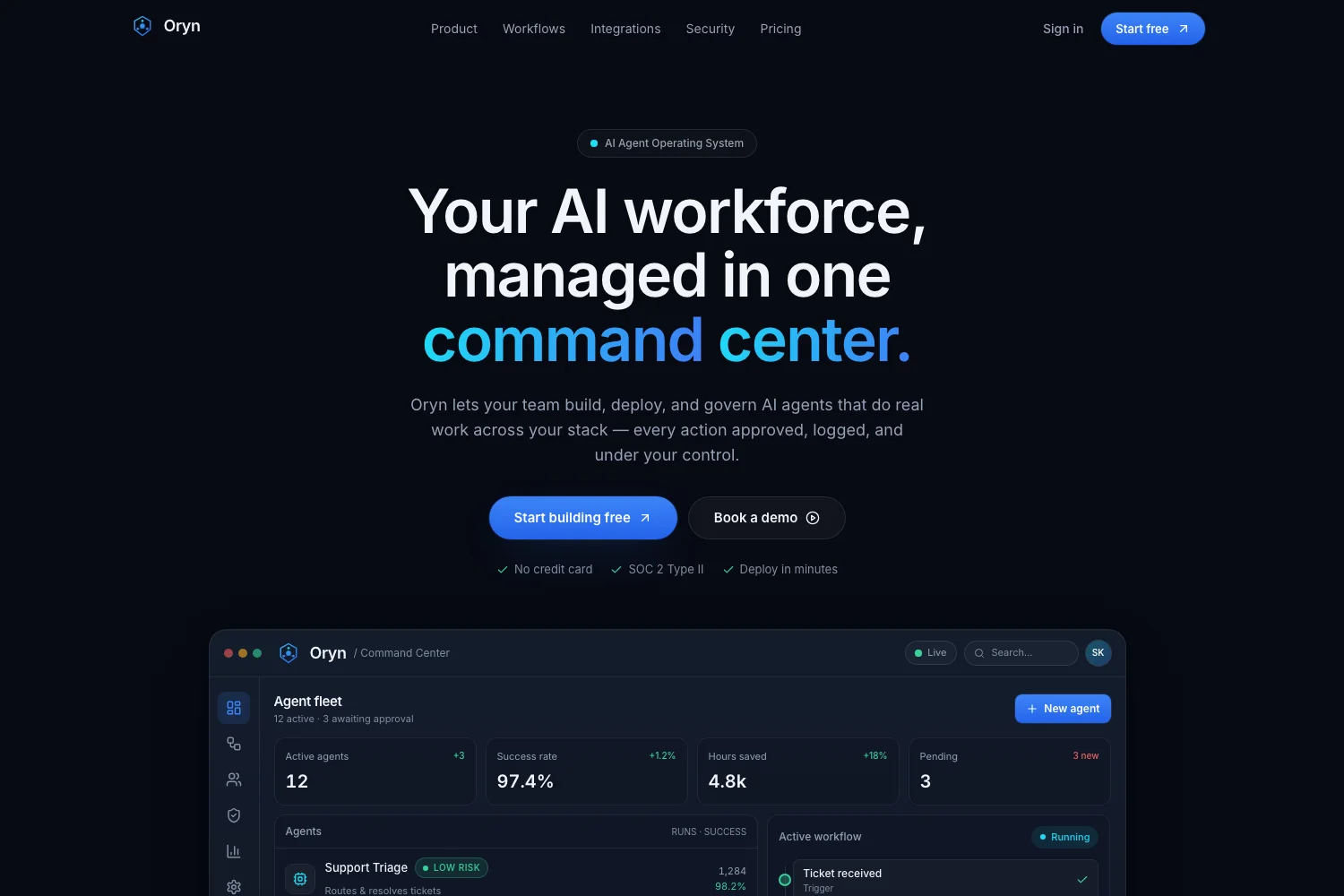 Oryn: AI agent SaaS interface