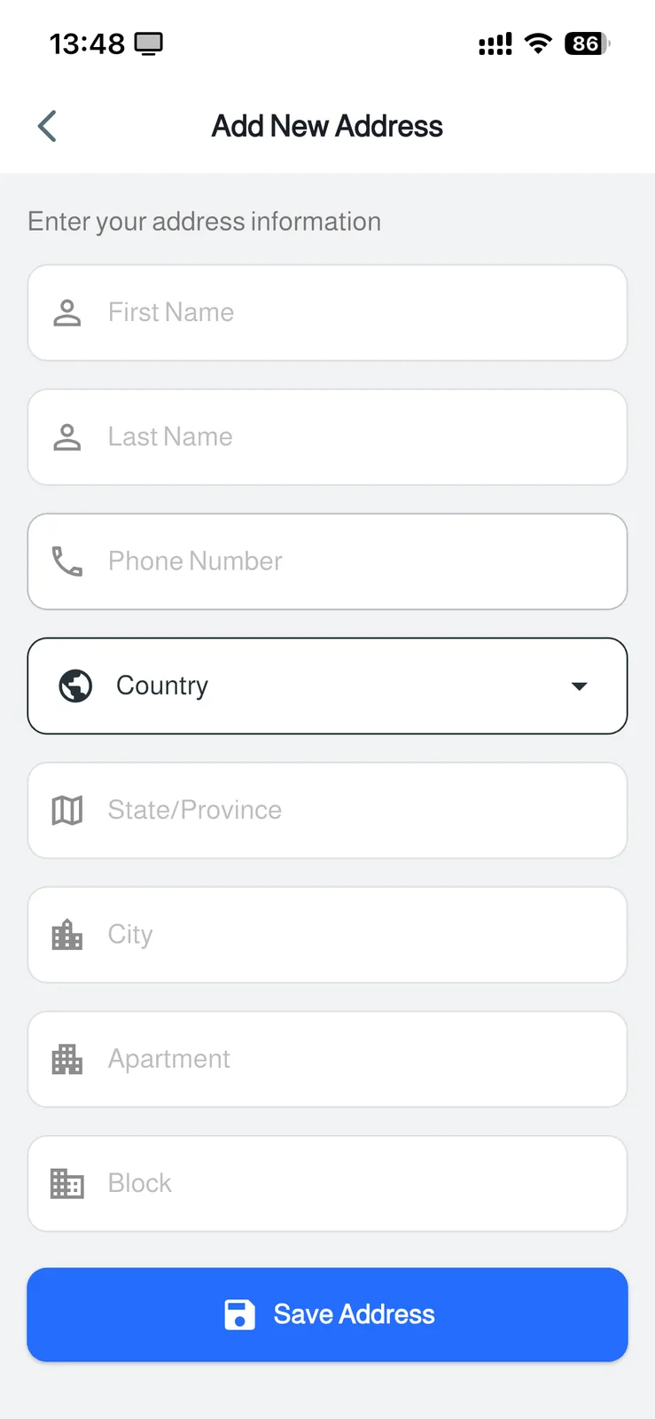 FluxStore Shopify - The Best Flutter E-commerce app - Add an address